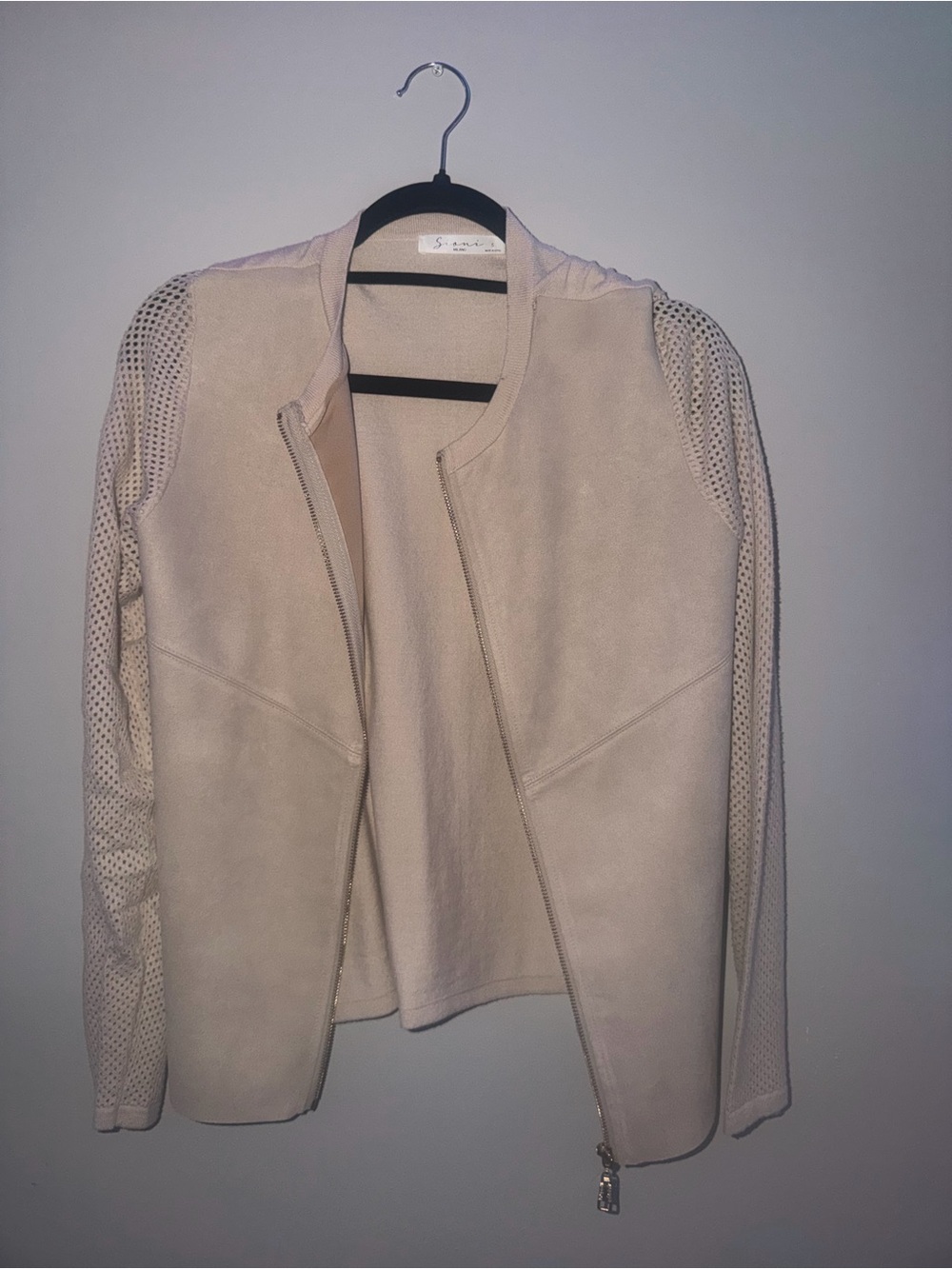 Women's Light Beige Suede Bomber Jacket with Mesh Sleeves